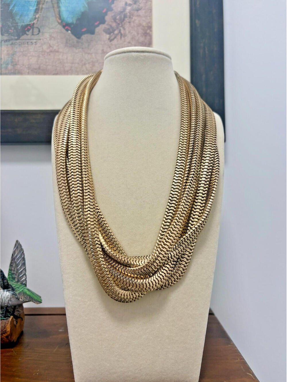 Vintage Multi Strand Gold Tone Box Link Snake Chain Necklace 18" Chunky Bold 80s